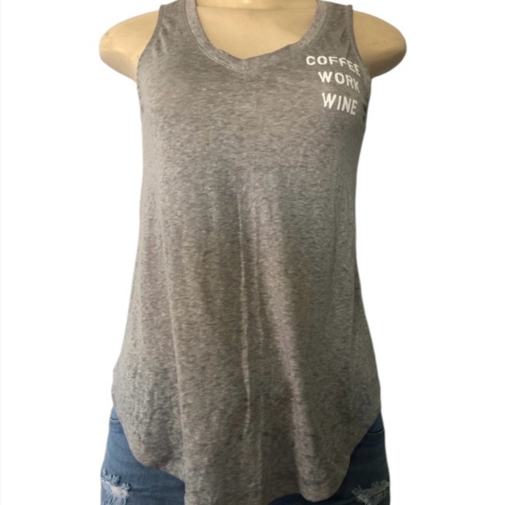 Zoe + Liv Heather Grey COFFEE WORK WINE Tank Top